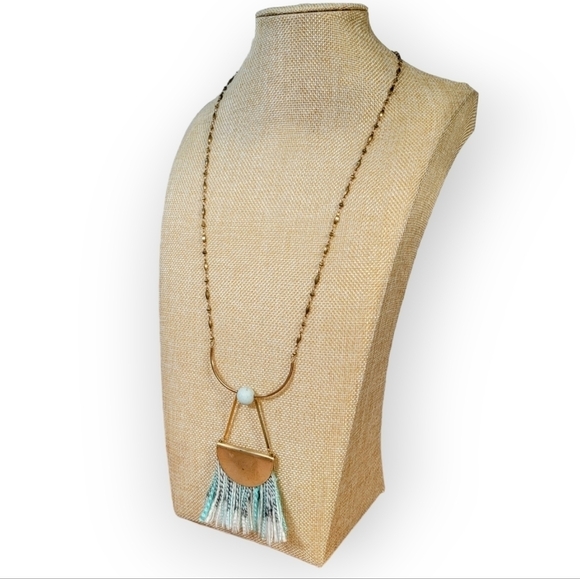 Bou Cou Long Boho Necklace Gold Tone thin chain with Yarn Fan Tassel - Picture 17 of 17